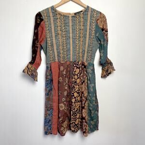 Young Threads Patchwork Embroidered Dress Small Denim Boho Fairy Grunge Festival